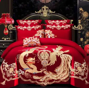 4/6Pcs de Lux Loong Phoenix Broderie Roșie Carpetă Acopere foaie de Pat de Bumbac Stil Chinezesc Nunta lenjerie de Pat Set de lenjerie de Pat Textile de Casa