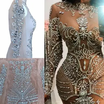 Handmade argint pietre aplicatiile corp plin de cristal patch-uri corsetul ochiurilor de plasă pentru rochie accesoriu