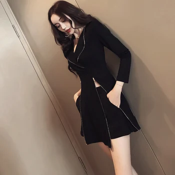 2019 Noi de Toamna pentru Femei-o bucată de rochie coreeană Slim Faianta Web Celebritate Cu Tinuta Elegant Rochii Negre 9926