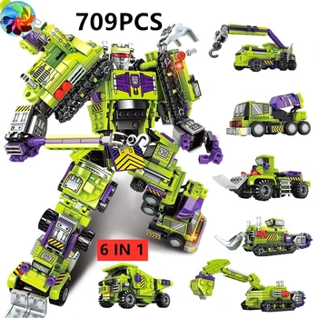 6 ÎN 1 709PCS Transformare Robot bloc oraș inginerie excavator camion constructor auto cărămizi de jucărie cadou pentru baieti
