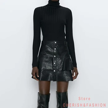 2021 Noua Moda Femei Toamna Iarna PU Faux din Piele Fuste Doamnă Înaltă Talie O-linie Deasupra Genunchiului Mini Fustă Scurtă Neagră Cu Buton