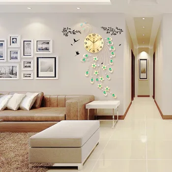 3D Ceas de Perete cu Design Modern Home Decor de Perete Ceasuri Living 39pcs Diamante Păun Decorative din Fier Forjat Tăcut Ceas Mare