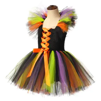 Copii Halloween-Costum de Vrăjitoare Pufos Panglică de Genunchi Lungime Carnaval de Halloween Rochii pentru Fete, Joc de Rol Wizard Haine + Palarie de Vrajitoare