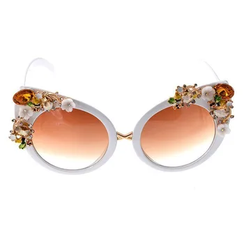 Manual De Diamant Ochelari De Soare Femei Cat Eye Design De Brand Stras Moda Stil Baroc Ochelari De Soare Floare Cu Perla De Epocă Oculos