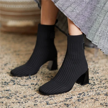 VERCONAS Femei de Moda Cizme Glezna 2020 Toamna Iarna Nou de Tricotat Pantofi de Femeie Square Toe Tocuri Groase Casual, Cizme elastice