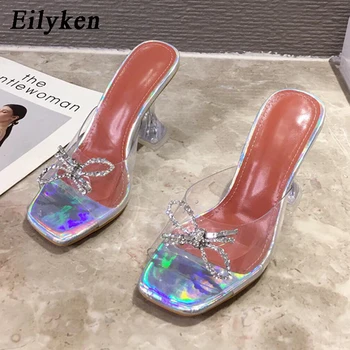 Eilyken Femei papuci 2021 PVC Transparent tocuri inalte Sexy deget de la picior Pătrat de Moda Stras Papion Petrecere de Nunta pantofi papuci