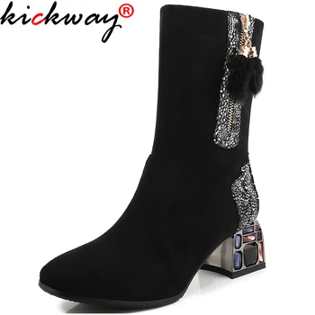 Kickway Cristal tocuri glezna cizme pentru femei din piele faux blana mingea ciucure sclipici Toamna iarna pantofi femei negru glezna cizme pentru femei