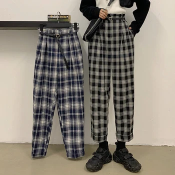 Femei Pantaloni Punk Harajuku Ulzzang 2020 Nou coreean Talie Mare Slăbire Casual Carouri Morcov Buton