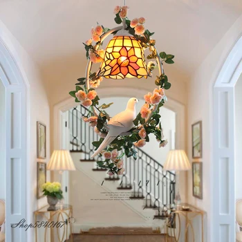 Turcă Flori Bird Lumina Pandantiv Tiffany Lampă de Agățat pentru Camera de zi Moderne de iluminat Home Deco Cununa Lampă Pandantiv Lumina