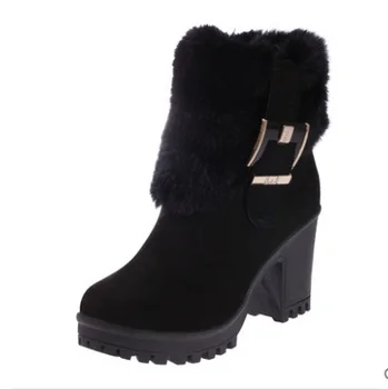 2019Square toc femei pantofi de iarna catarama clasica cald blana de zapada doamnelor cizme tocuri inalte negru platforma glezna cizme femei botas