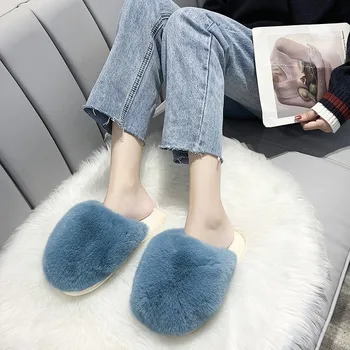 Femeile Acasă, Papuci de casă Rotund Toe Cu Faux Blana 2 cm Toc Cald Pantofi Pentru Femeie Pantofi de Iarna Ține de Cald Marimea 36-41