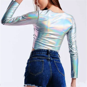 Bling Holograma Laser V Gatului Maneca Lunga Slim Crop Topuri De Vara Mozaic Sexy Femei T Shirt Party Club Topuri Drăguț 2019 Trendy