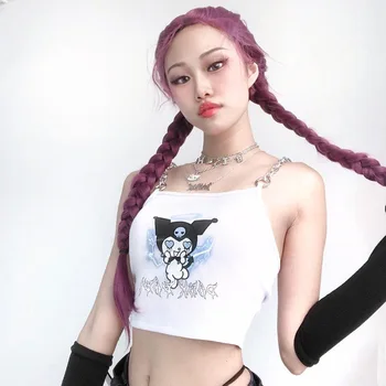 Y2K Gotic Demon Imprimare Alb Camis Punk Sexy Lanț de Metal Mozaic Bretele Harajuku Streetwear Backless Trunchiate Topuri