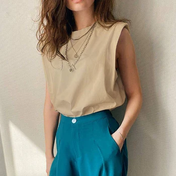 Hirsionsan Vară fără Mâneci Tricouri Femei 2020 Nou Fierbinte Elegant Bumbac Tricouri Ins Design Chic Solid Maro Kaki Topuri vesta
