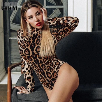 LAISIYI Sexy Leopard Imprimate Bodycon Costume 2019 Primavara Toamna Femei Maneca Lunga guler Corp Skinny Potrivi pantaloni Scurți, Salopete
