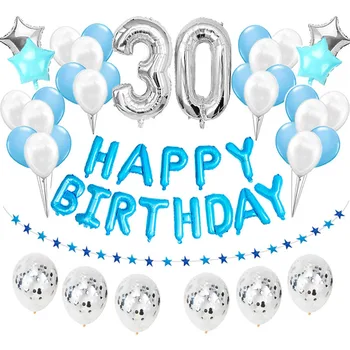 37pcs Argint Număr 1 2 3 4 5 6 7 8 9 Ani Albastru Baloane Happy Birthday Party, Decoratiuni Copii Primul Copil Baiat Prințul 18 30