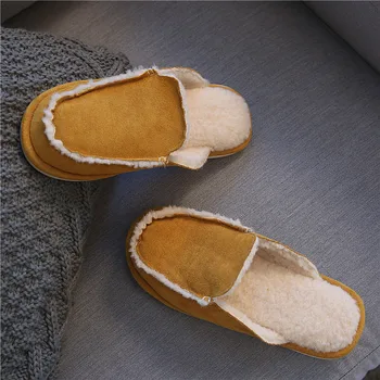 Vintage Stil Britanic Cuplu Acasă Papuci Bărbați Femei Iarna Cald Faux piele de Căprioară Căpută Lână garnitură de Culoare Solidă Etaj Interior Casa Pantof