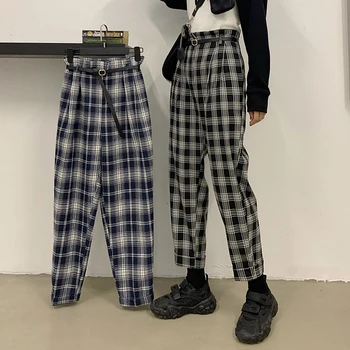 Femei Pantaloni Punk Harajuku Ulzzang 2020 Nou coreean Talie Mare Slăbire Casual Carouri Morcov Buton