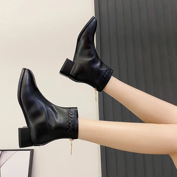 De Înaltă Calitate 2020 Deget De La Picior Pătrat Negru Pentru Femei Cizme Pentru Femei Zip De Primăvară/Toamnă Plasă De Glezna Cizme De Piele Moale Confortul Doamnelor Pantofi
