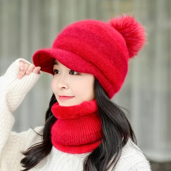 Noi Feminin Cald Iepure Blană Tricotate Pălărie Și Eșarfă Set Femeie Plus Guler De Catifea Îngroșarea Pălării Set De Iarna Bereta Pălării Pentru Femei