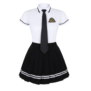Femei Sexy Fată Școală Uniformă Costum Cosplay Costum Alb cu Maneci Scurte T-shirt Top Negru Fusta Plisata cu Insigna si Cravata Set