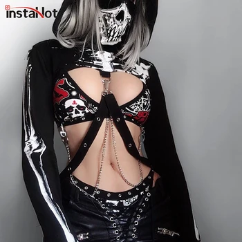 InstaHot Gotice Punk Cu Gluga Hoodies Femei Negru Schelet De Imprimare Masca Maneca Lunga Topuri De Cultură 2019 Moda Halloween Top Tricou