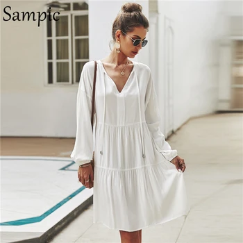 Sampic femei albe vrac plus dimensiunea v gât maneca lunga casual rochie sundress moda vintage boho plaja rochie de primăvară