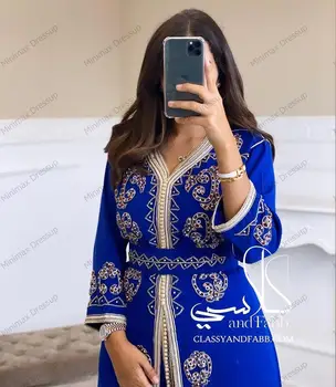 Vintage Albastru Șifon O-linie Caftan Marocan Musulman Rochie de Seara Mâneci Lungi ștrasuri din Mărgele Dubai Saudită Formale de Petrecere, Rochii de Bal Rochie