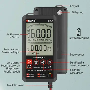 ANENG 618A Multimetru Digital Profesional Smart Touch DC Analog True RMS Auto Tester pentru Tranzistor Condensator NCV Testere Metru