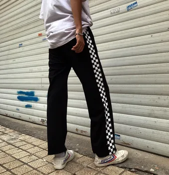 În Stoc Harajuku Liber Tablă De Șah Largi Picior Pantaloni Punk Negru Pătrate Albe Cool Pereche De Pantaloni Pe Strada Cu Pantaloni Casual Pantaloni Largi