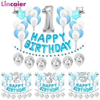 37pcs Argint Număr 1 2 3 4 5 6 7 8 9 Ani Albastru Baloane Happy Birthday Party, Decoratiuni Copii Primul Copil Baiat Prințul 18 30