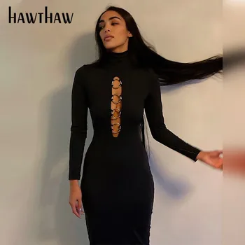 Hawthaw Femei Toamna Iarna Cu Maneci Lungi Tubulare Bodycon Guler Negru Monofazate Rochie De Culoare 2020 Haine De Sex Feminin Streetwear