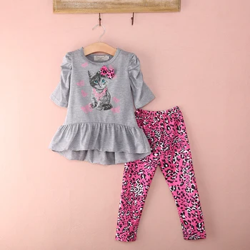 Copii Fete Copii Cat Imprimate T-shirt, Blaturi Rochie+Leopard Pantaloni 2 BUC Set Haine 2016