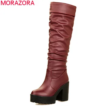 MORAZORA 2020 vânzare fierbinte tocuri platforma cizme femei pu rotund toe toamna iarna cizme genunchi ridicat cald petrecere de bal pantofi de femeie