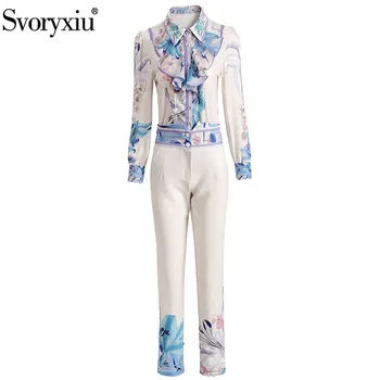 Svoryxiu Toamna Femei Designer de Moda Office Lady Pantaloni Costume Maneca Lunga Floare de Imprimare Volane, Bluza + Pantaloni Set