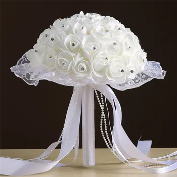 Mireasa nunta panglică cu margele exploatație flori spumă de simulare floare trandafir alb buchet multicolor