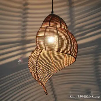 Pastorală Scoica De Viță De Vie Luciu Pandantiv Lumini De Artă Din Lemn Agățat Lampă De Artă Creativă Asia De Sud-Est Sala Hanglamp Loft Decor Suspendu