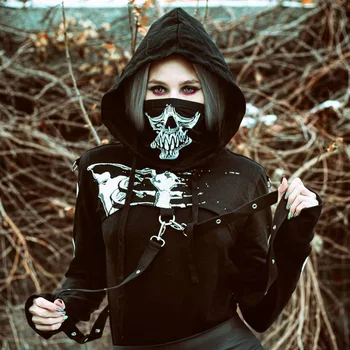 InstaHot Gotice Punk Cu Gluga Hoodies Femei Negru Schelet De Imprimare Masca Maneca Lunga Topuri De Cultură 2019 Moda Halloween Top Tricou
