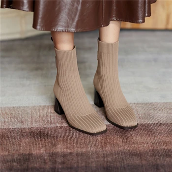 VERCONAS Femei de Moda Cizme Glezna 2020 Toamna Iarna Nou de Tricotat Pantofi de Femeie Square Toe Tocuri Groase Casual, Cizme elastice
