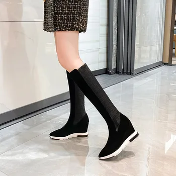 EGONERY Femei Noile Cizme Înalte 2020 de Iarnă de Oaie piele de Căprioară Și Fibre Elastice Superioare Femeie de Moda Cizme Lungi Sexy Pantofi Pene Femeie