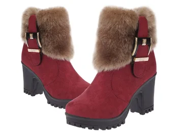 2019Square toc femei pantofi de iarna catarama clasica cald blana de zapada doamnelor cizme tocuri inalte negru platforma glezna cizme femei botas